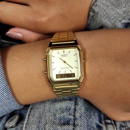 Złoty zegarek Casio Vintage ze wskazówkami i wyświetlaczem AQ-230GA-9DMQYES w stylu Retro 