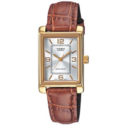 Prostokątny złoty zegarek Damski Casio z brązowym paskiem LTP-1234PGL-7AEG