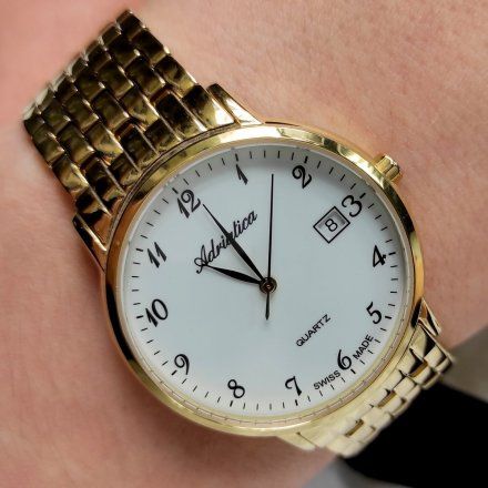 Złoty męski zegarek szwajcarski z cyferkami Adriatica A1243.1123QS