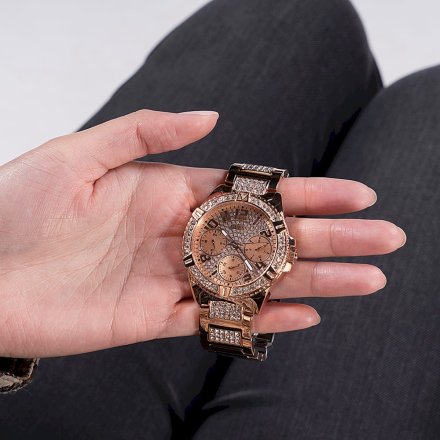 Modny damski zegarek Guess Frontier z kryształkami i bransoletką Rose Gold W1156L3