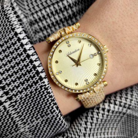Złoty szwajcarski zegarek damski Adriatica z paskiem a la jaszczurka A3695.1241QZ