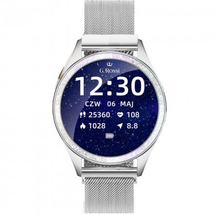 G.Rossi srebrny smartwatch czarny pasek Puls Kroki Ciśnienie G.RSWBF2-3C1-2
