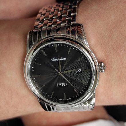 Klasyczny męski zegarek szwajcarski Adriatica z bransoletką i czarną tarczą A8194.5114Q