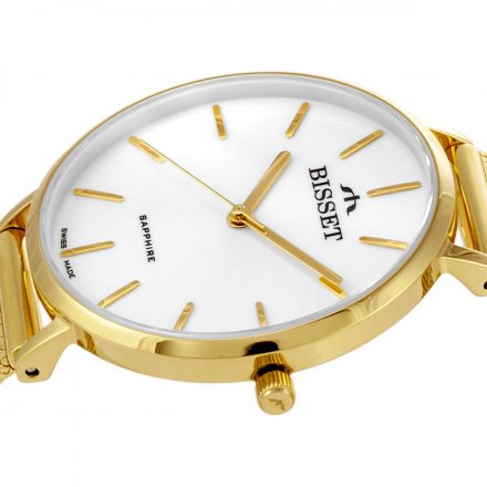 Złoty szwajcarski zegarek damski Bisset na bransolecie BSBF32GISX03B3