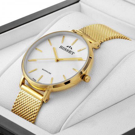 Złoty szwajcarski zegarek damski Bisset na bransolecie BSBF32GISX03B3