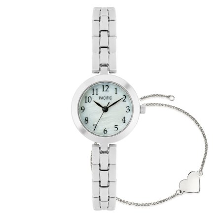Prezent na Komunię srebrny zegarek + bransoletka serce PACIFIC X6130-02