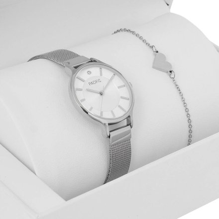 Prezent na Komunię srebrny zegarek + bransoletka serce PACIFIC X6133-01
