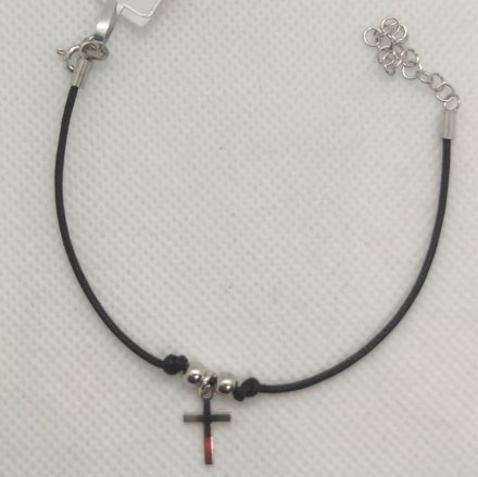 Srebrna bransoletka damska na sznureczku z krzyżykiem i kuleczkamiGR22 • Srebro 925