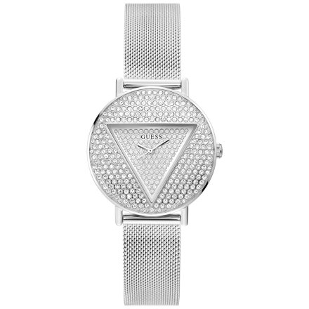 Srebrny zegarek damski Guess Iconic z bransoletką i kryształkami GW0477L1