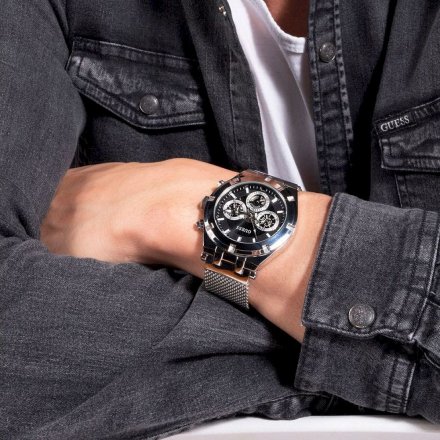 Srebrny zegarek męski Guess Continental z bransoletką mesh GW0582G1