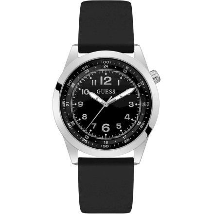 Srebrny zegarek Guess Max z czarną tarczą i czarnym paskiem GW0494G1