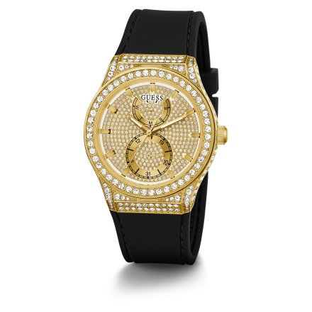 Złoty zegarek Damski Guess z kryształami i  czarnym paskiem Princess GW0439L2