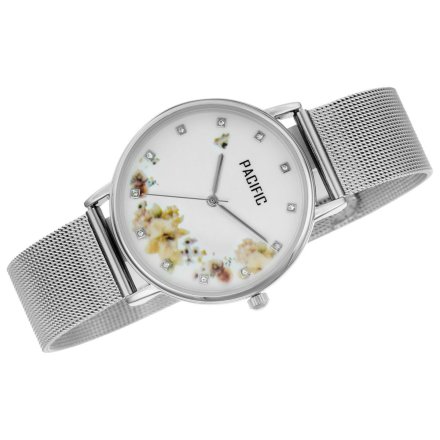 Srebrny damski zegarek z kwiatami i kryształkami PACIFIC X6182-01