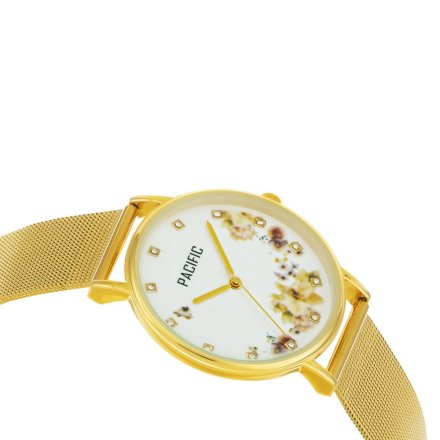 Złoty damski zegarek z kwiatami i kryształkami PACIFIC X6182-04