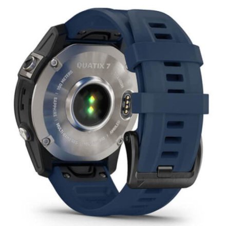 Srebrno-czarny zegarek Garmin quatix 7 Sapphire z granatowym paskiem i czujnikiem tętna HRM Elevate Ox 010-02582-61