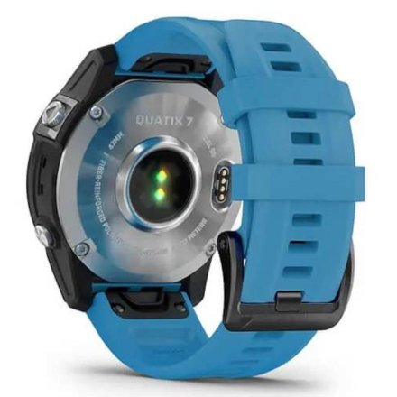 Srebrno-czarny zegarek Garmin quatix 7 z niebieskim paskiem i czujnikiem tętna HRM Elevate Ox 010-02540-61