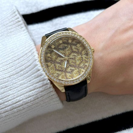 Złoty zegarek damski Guess G Gloss z czarnym paskiem GW0608L2