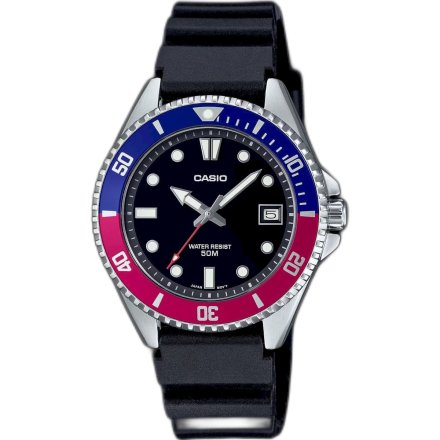 Czarny zegarek męski Casio Standard Sport z granatowo-czerwonym pierścieniem MDV-10-1A2VEF