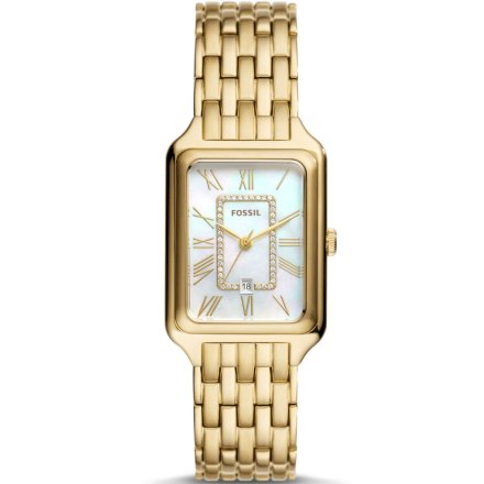 Złoty prostokątny zegarek damski Fossil Raquel perłowa tarcza ES5304