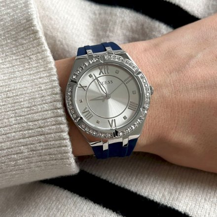 Srebrny zegarek damski Guess Cosmo z granatowym paskiem z kryształami GW0034L5