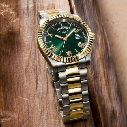 Srebrno-złoty zegarek damski Guess Luna z zieloną tarczą GW0308L5 