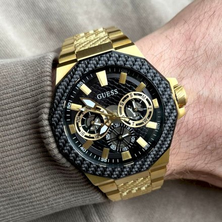 Złoty zegarek męski Guess Indy z czarną tarczą i multidatownikiem GW0636G2