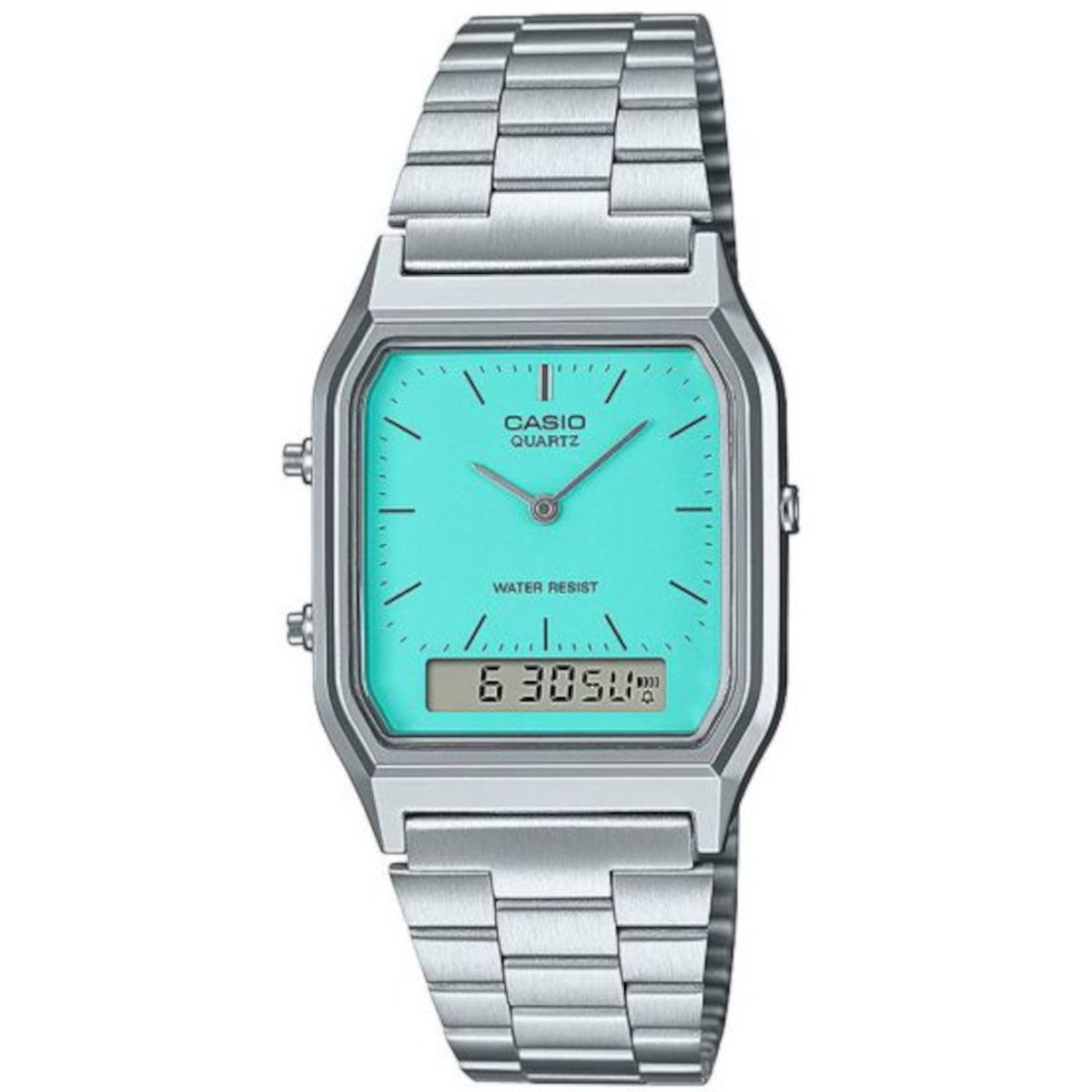 Srebrny zegarek Casio AQ-230A-2A2MQYES Vintage z tarczą Tiffany Blue w  stylu Retro ze wskazówkami - 299,00 zł - Otozegarki.pl