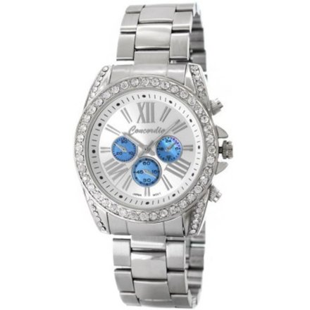 Modny srebrny damski zegarek z cyrkoniami błękitne okręgi CONCORDIA CDBA37-1