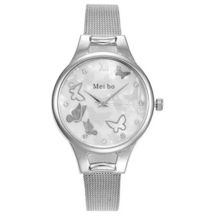 Srebrny damski zegarek z motylkami na tarczy z bransoletą MEI BO S