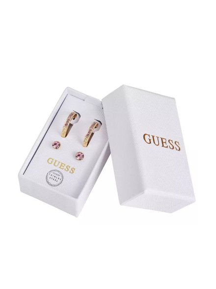 Zestaw biżuterii Guess 2x złote kolczyki Guess kółka różowe kryształy JUBS01814JW