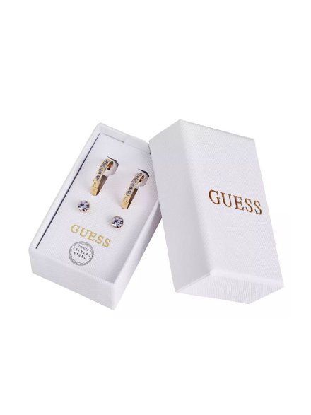 Zestaw biżuterii Guess 2x złote kolczyki Guess kółka fioletowe kryształy JUBS01814JW