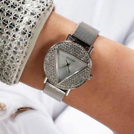 Srebrny zegarek damski Guess Mini Iconic z bransoletką i kryształkami GW0671L1