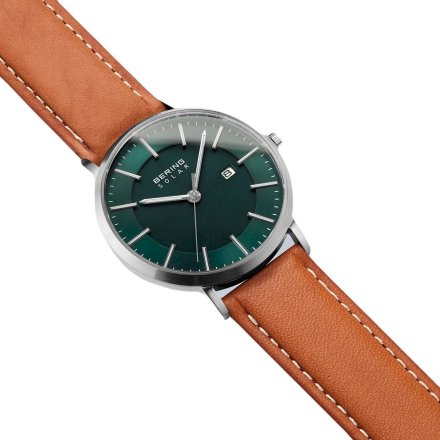 Solarny męski zegarek Bering Classic brązowy pasek zielona tarcza 15439-508