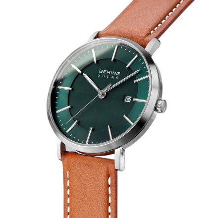 Solarny męski zegarek Bering Classic brązowy pasek zielona tarcza 15439-508