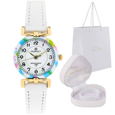 Zestaw złoty zegarek dla dziewczynki na białym pasku pudełko Serce LP004-06