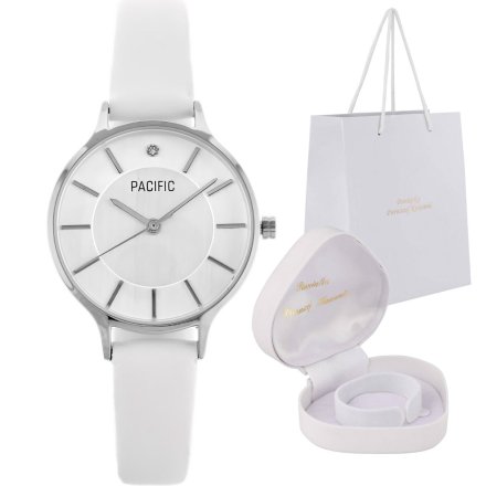 Klasyczny srebrny zegarek na białym pasku PACIFIC pudełko Serce X6133-03