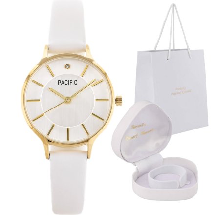 Prezent na Komunię klasyczny złoty zegarek na białym pasku pudełko Serce PACIFIC X6133-04