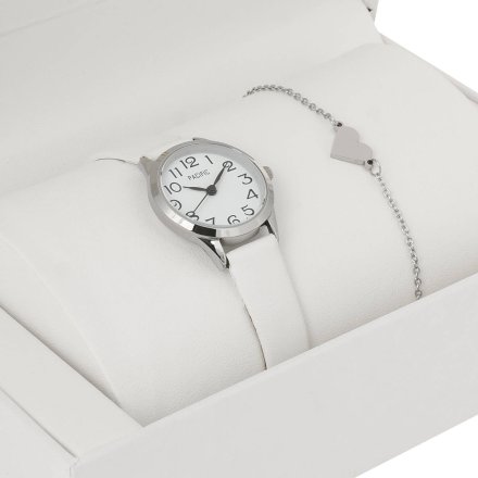 Prezent na Komunię srebrny zegarek na białym pasku + bransoletka serce PACIFIC X6131-03