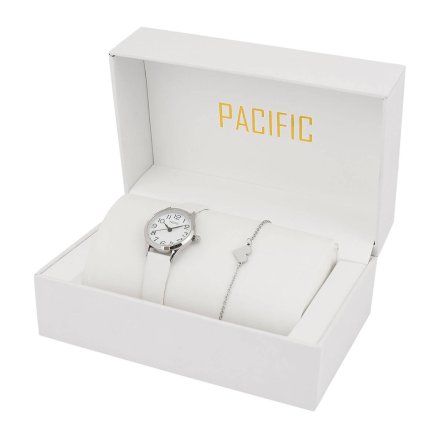 Zestaw srebrny zegarek na białym pasku + bransoletka serce PACIFIC X6131-03