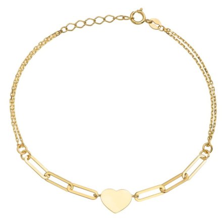 Klasyczna złota bransoletka duże ogniwa serce na podwójnym łańcuszku • Złoto 585 1.54g