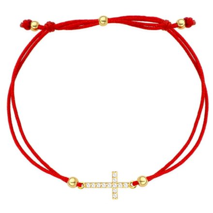 Złota bransoletka na czerwonym sznureczku z krzyzykiem z cyrkonią • Złoto 585 0,82g