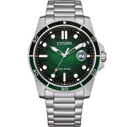 Klasyczny srebrny zegarek męski Citizen Eco Drive AW1811-82X z zieloną tarczą