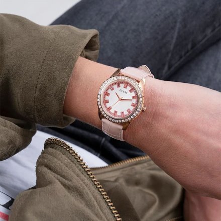 Guess Sparkling zegarek damski różowy na pasku z kryształami GW0032L2
