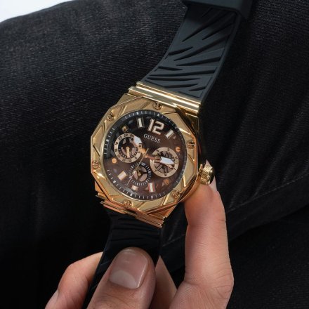 Guess Rival zegarek męski złoty multidata na czarnym pasku GW0634G2