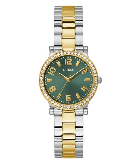 Guess Fawn zegarek damski z dwukolorową bransoletką z zieloną tarczą GW0686L2