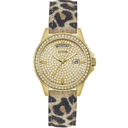 Guess Lady Comet zegarek damski złoty z kryształami na pasku panterka GW0651L1