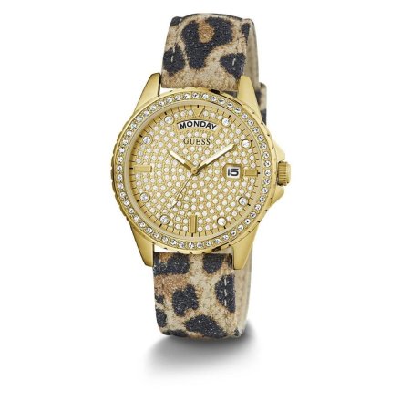 Guess Lady Comet zegarek damski złoty z kryształami na pasku panterka GW0651L1
