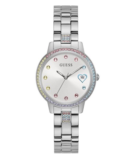 Guess Three of Hearts zegarek damski srebrny serduszko kolorowe kryształy GW0657L1