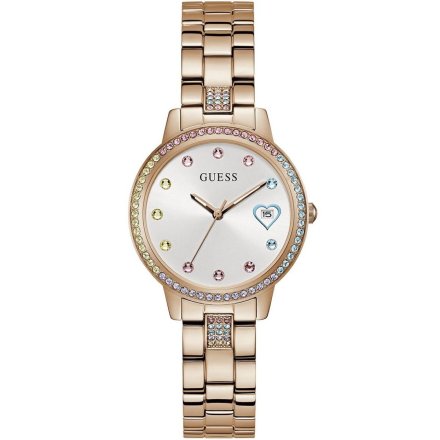 Guess Three of Hearts zegarek damski różowy serduszko kolorowe kryształy GW0657L3