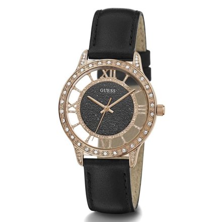 Guess Ethereal zegarek damski różowozłoty z czarnym paskiem GW0376L2